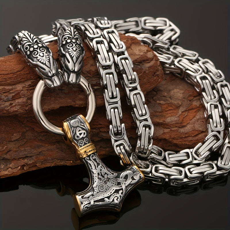 Nordic Viking Hammer & Wolf Necklace