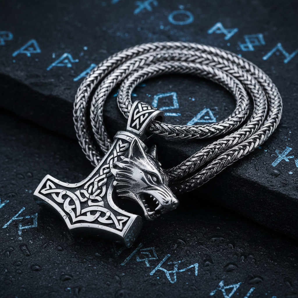 Nordic Viking Hammer Wolf Head Necklace